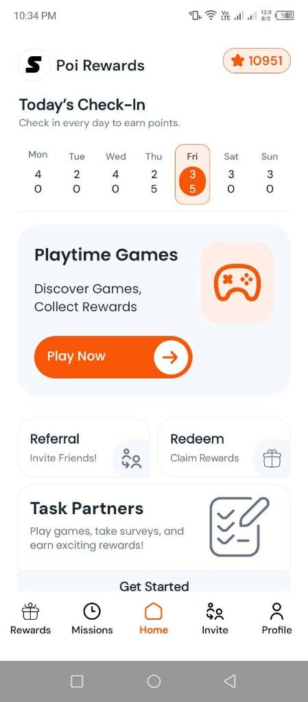 Poi Rewards app home screen showing daily check-in, Playtime Games, referrals and rewards
